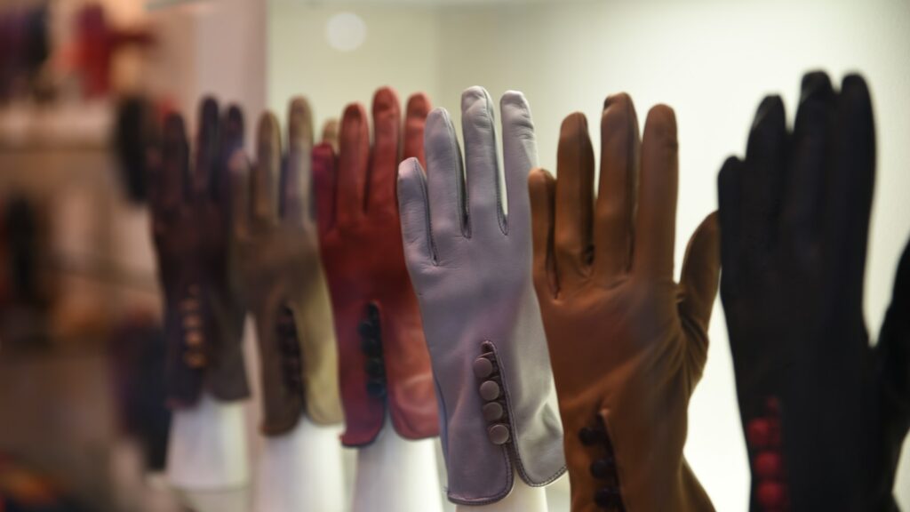 Assorted-color gloves on display