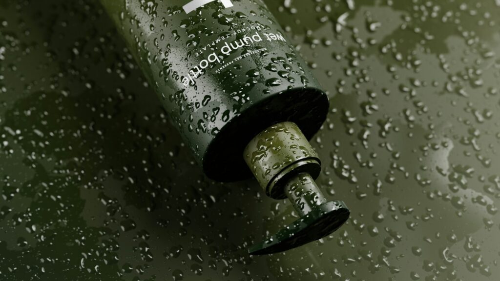 a water bottle on a wet surface