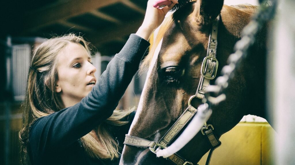 woman in black leather jacket holding horse head