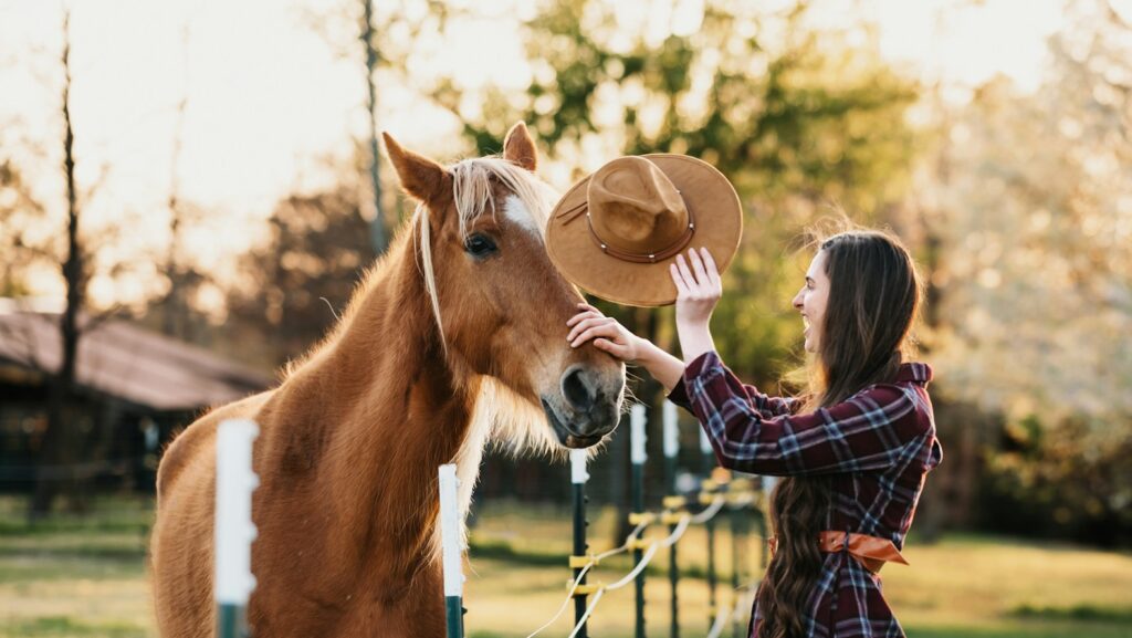 a woman petting a brown and white horse