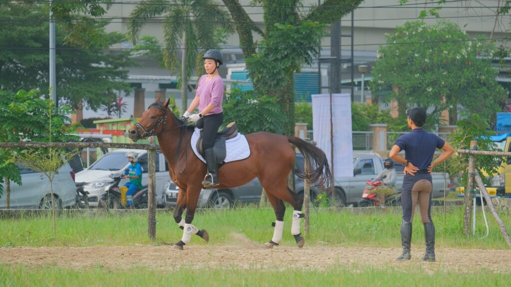 man in white shirt riding brown horse during daytime
