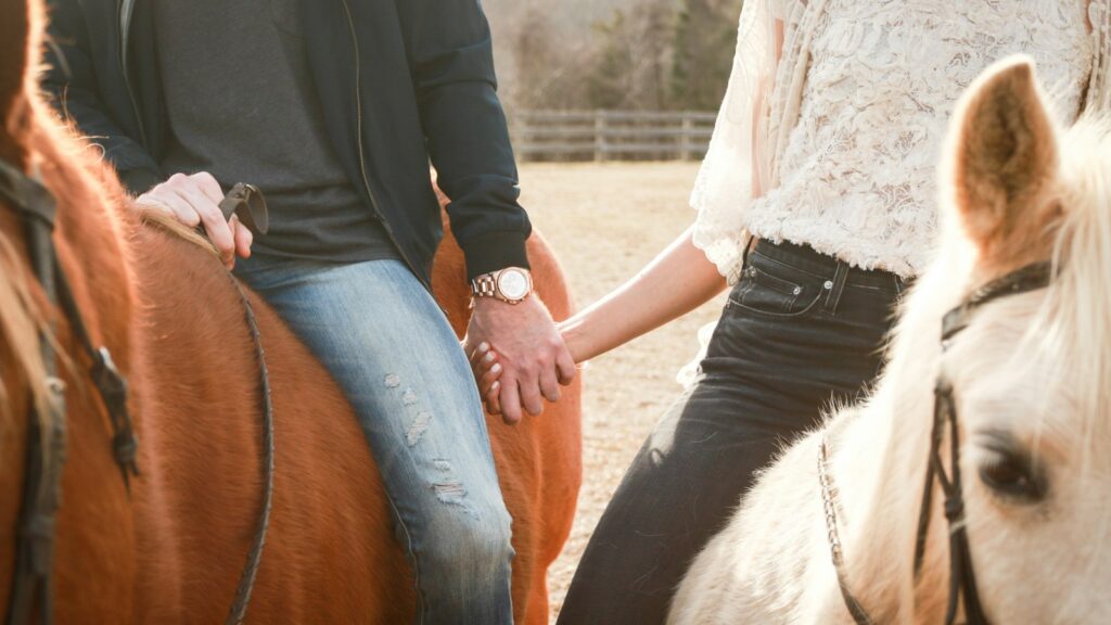 man and woman riding horses while holding hands during day
