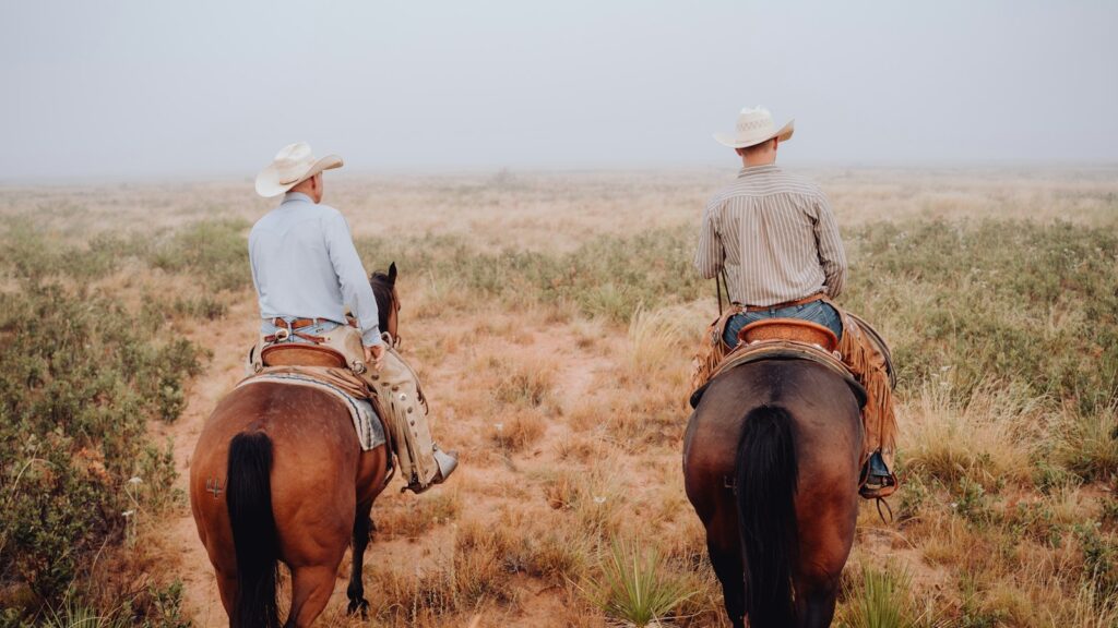a couple of people riding on the backs of horses