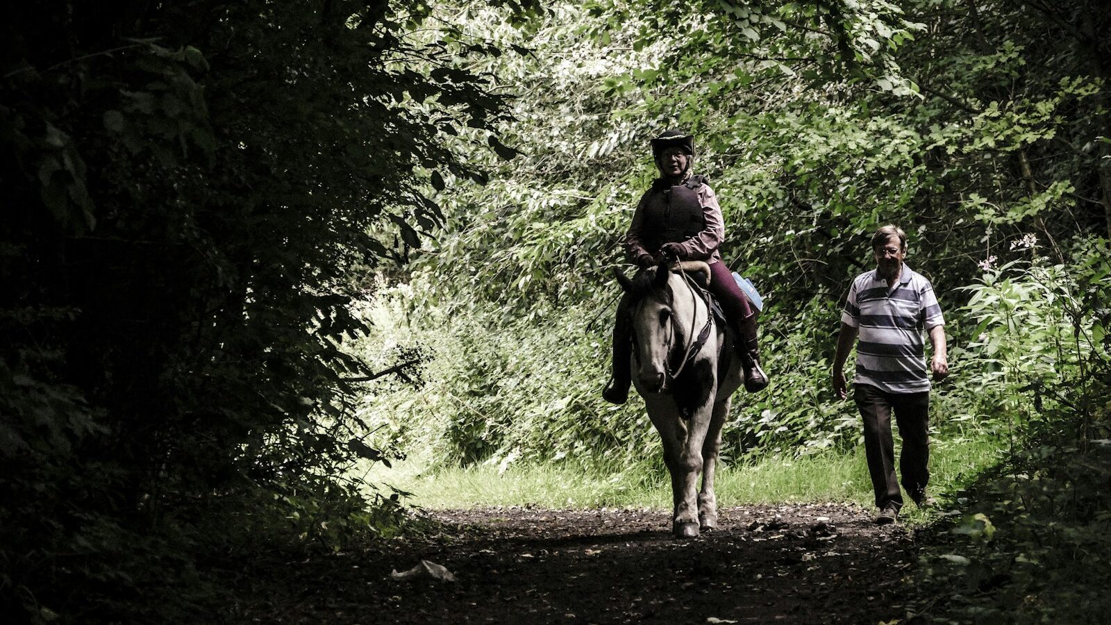 person riding on horse beside man walking on forest