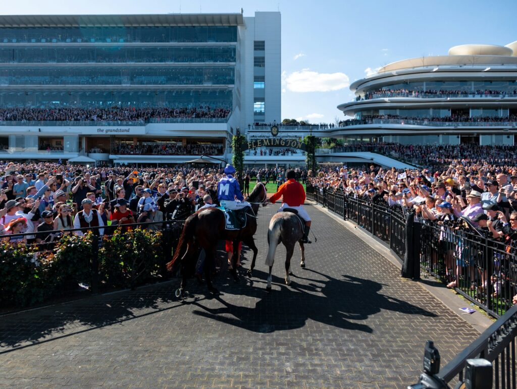 A crowd of people watching a horse race, Flemington VIC, Australia