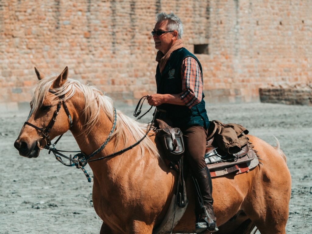 Man riding on brown horse