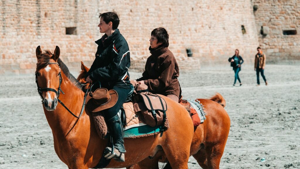 two men riding brown horses