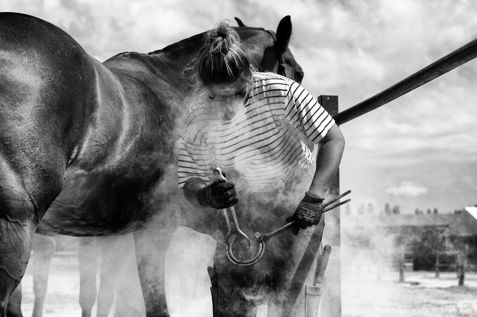 Grayscale photo of farrier by a horse