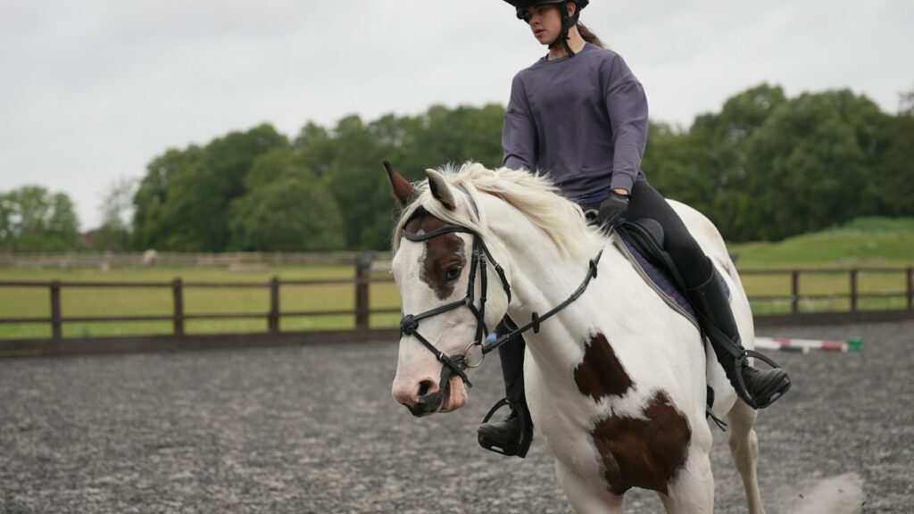 a woman riding on the back of a white and brown horse