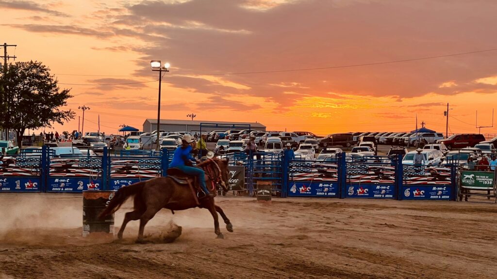 A person riding a horse in a dirt field