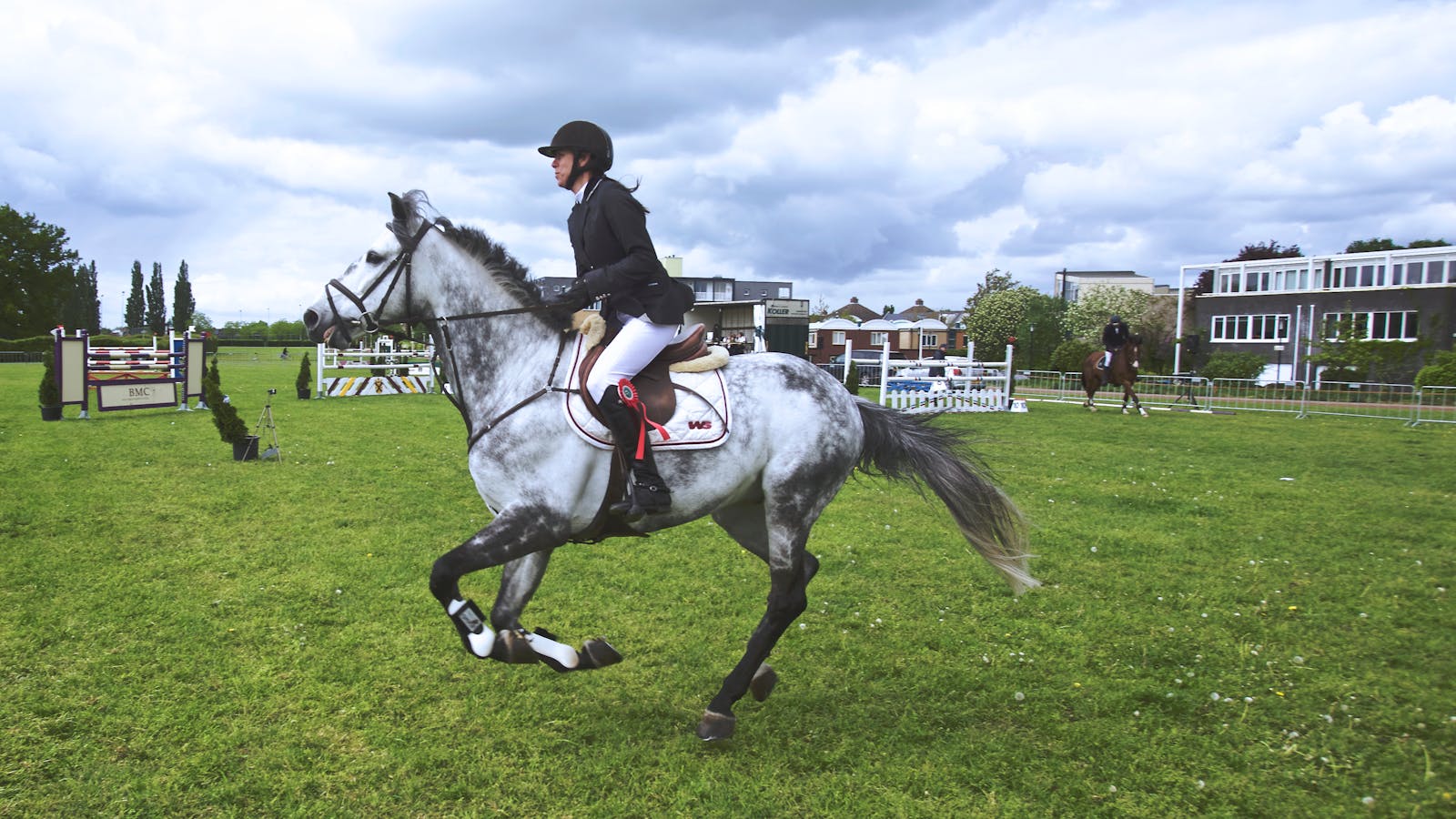 Rider on a gray horse performing show jumping outdoors. Captured action shot.