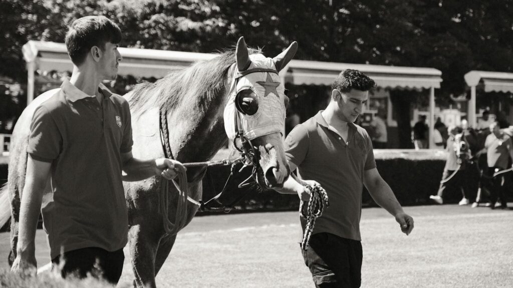Black and white photo of a racehorse being led by two handlers at an outdoor equine event.