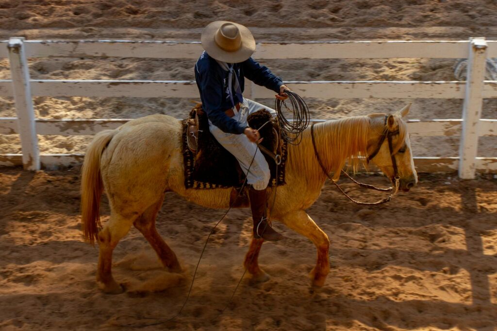 Cowboy riding horse in Brazilian arena, showcasing traditional attire and equestrian skills.