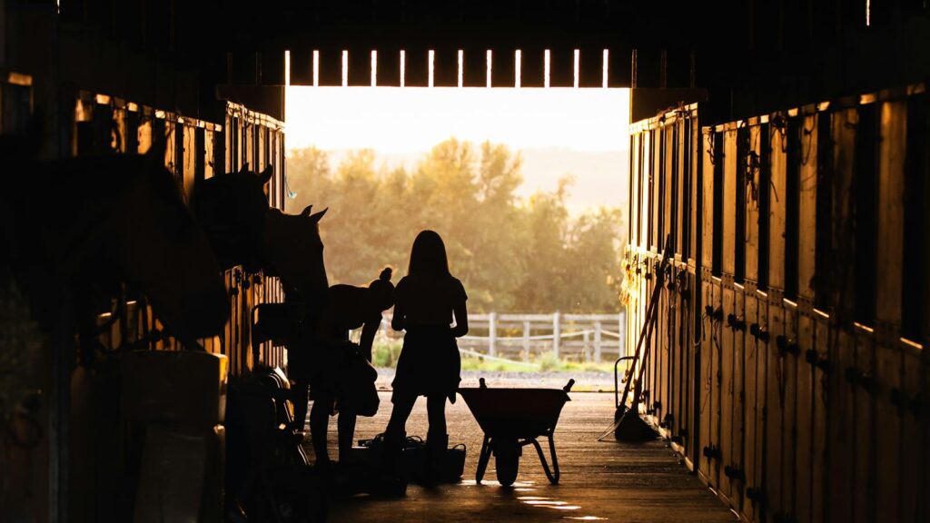 Silhouetted figures with horses in barn at sunrise, capturing rural lifestyle.