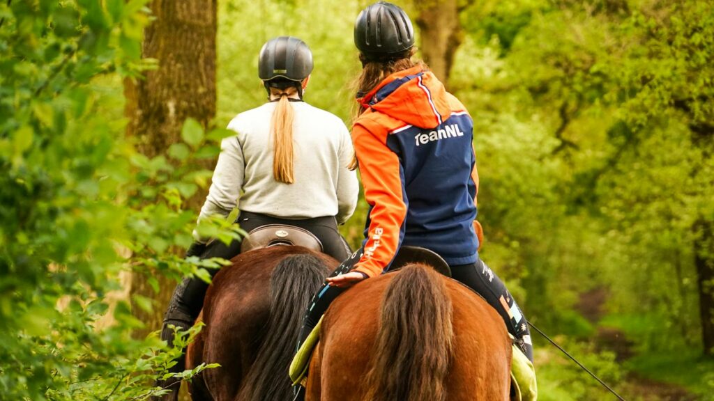 Two equestrians ride horses through a verdant forest path, enjoying a spring day outdoors.
