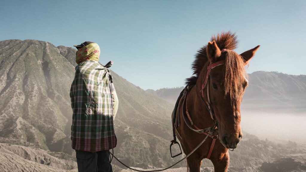 A person with a horse in the misty landscape of Bromo Tengger Semeru National Park, East Java.