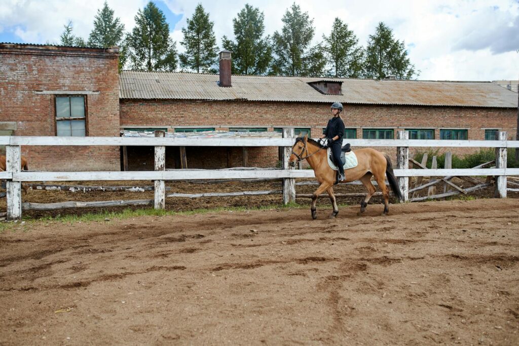 A woman riding a horse in a rustic paddock, showcasing rural equestrian lifestyle.