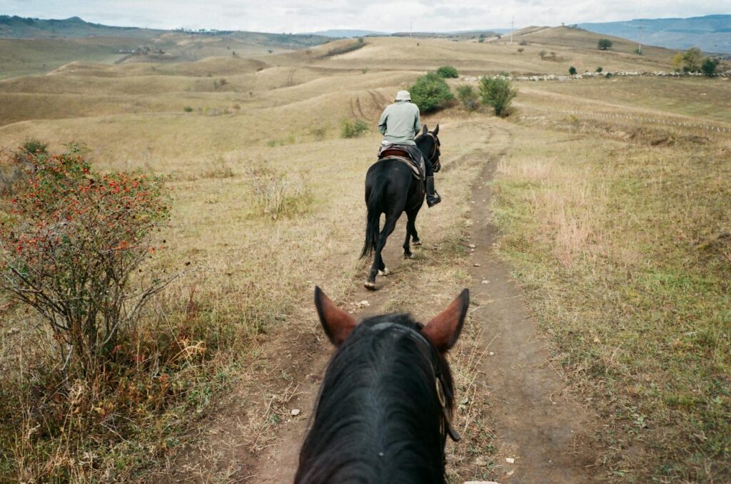 A man on horseback rides through a scenic open field under a cloudy sky. Perfect for rural lifestyle themes.