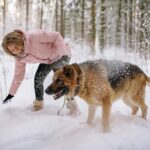 A woman with her German Shepherd enjoying a playful moment in a winter wonderland.