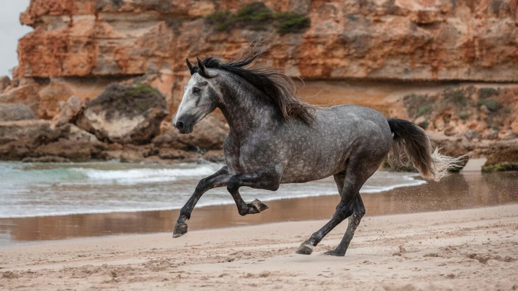 A stunning grey horse gallops along the sandy beach in Conil de la Frontera, Spain.
