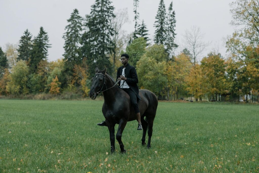 Man in formal attire riding a black horse in a grassy field during autumn.