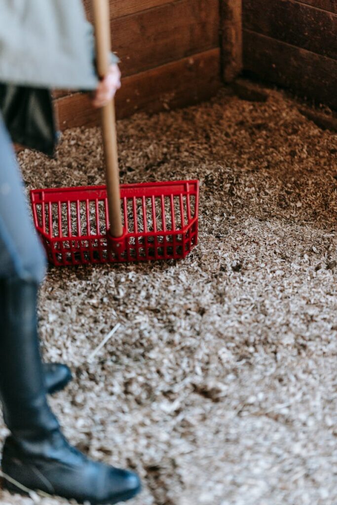 Close-up of a person cleaning horse stable with red pitchfork.