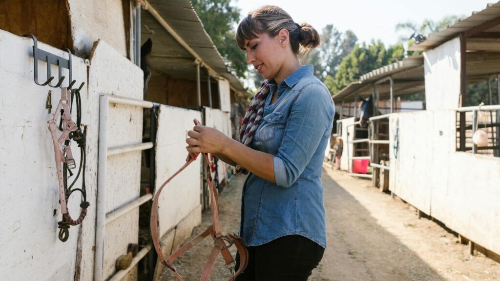 An adult woman adjusts tack at a horse stable on a sunny day.