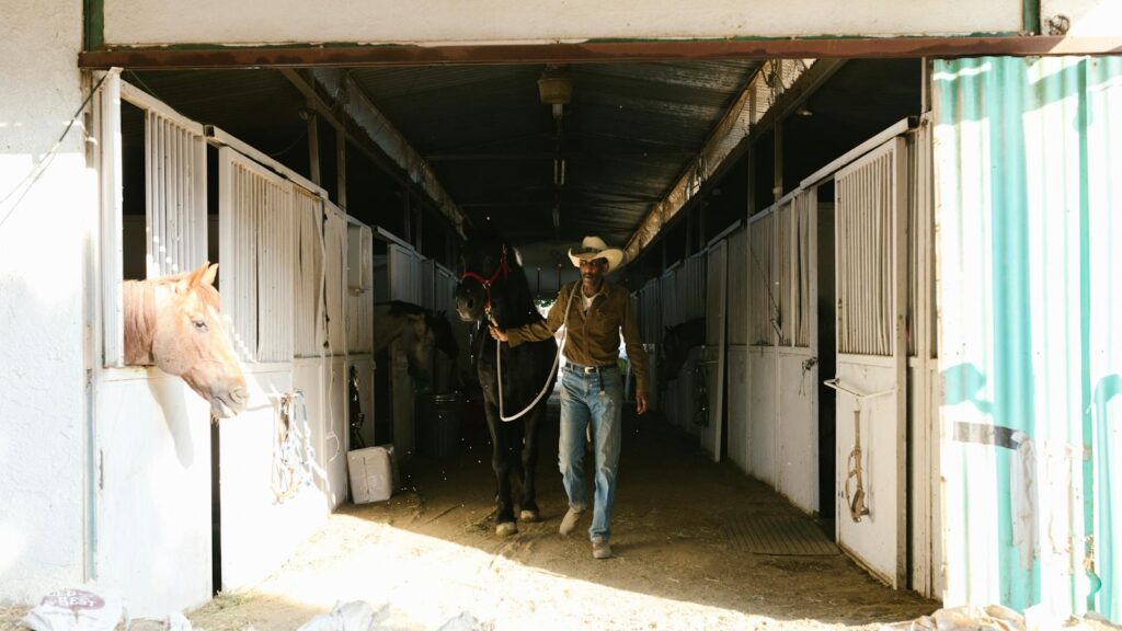 A cowboy guides a horse through a sunlit barn, creating a rustic farm scene.