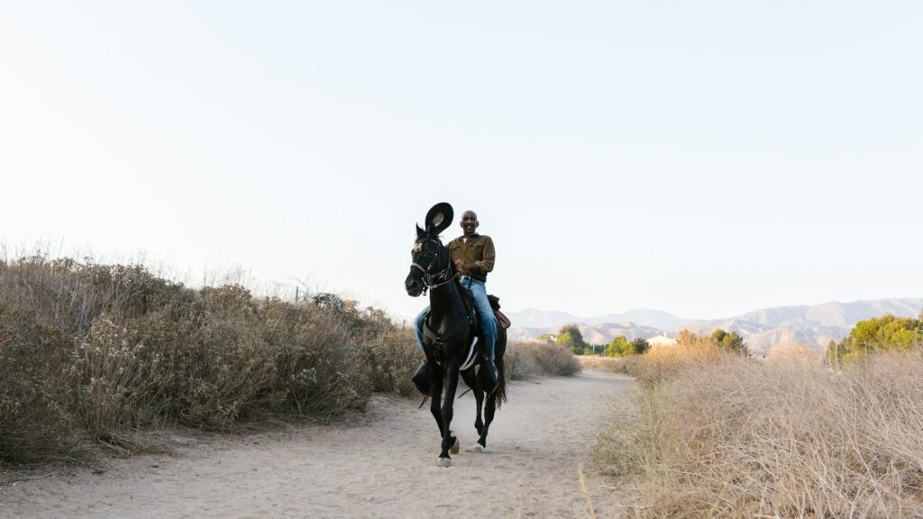 A cowboy riding a black horse along a picturesque sandy trail surrounded by nature.