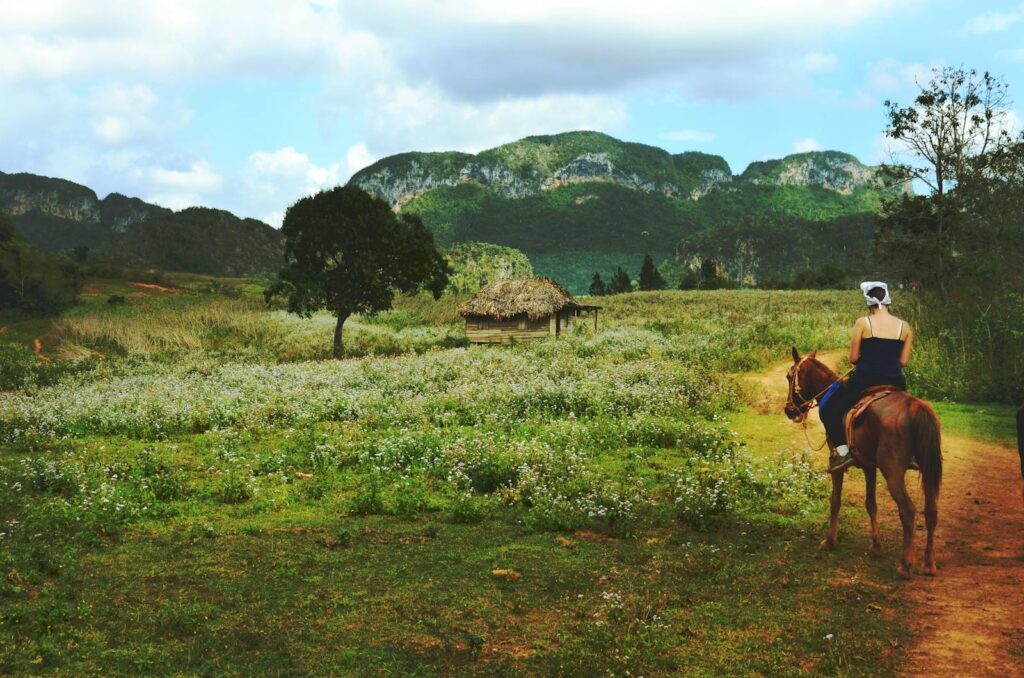Explore the serene countryside on horseback surrounded by lush fields and mountains.