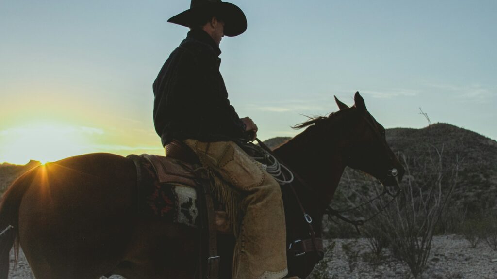 a man riding on the back of a brown horse