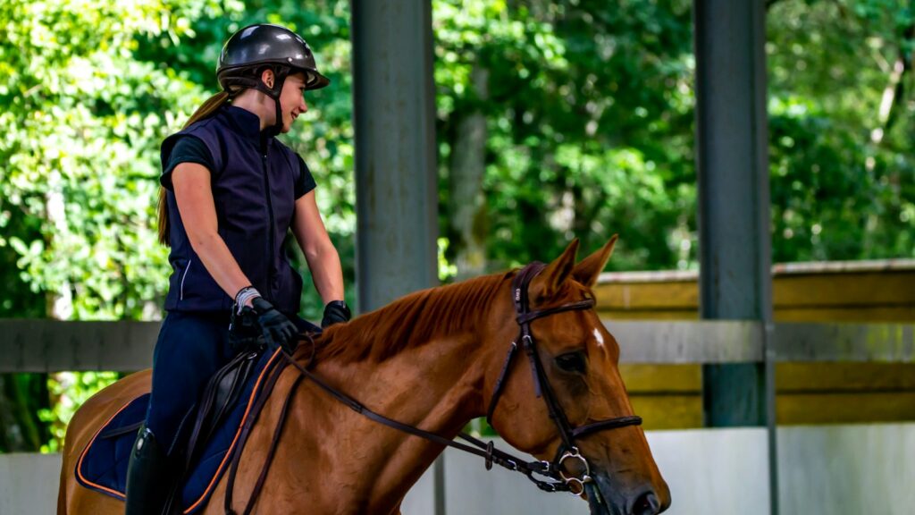 man in black helmet riding brown horse during daytime