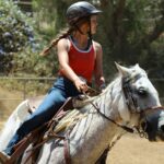 woman in blue long sleeve shirt riding white horse during daytime