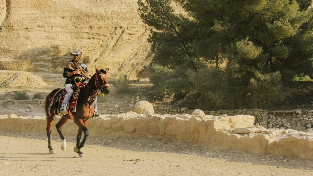 a man riding on the back of a brown horse