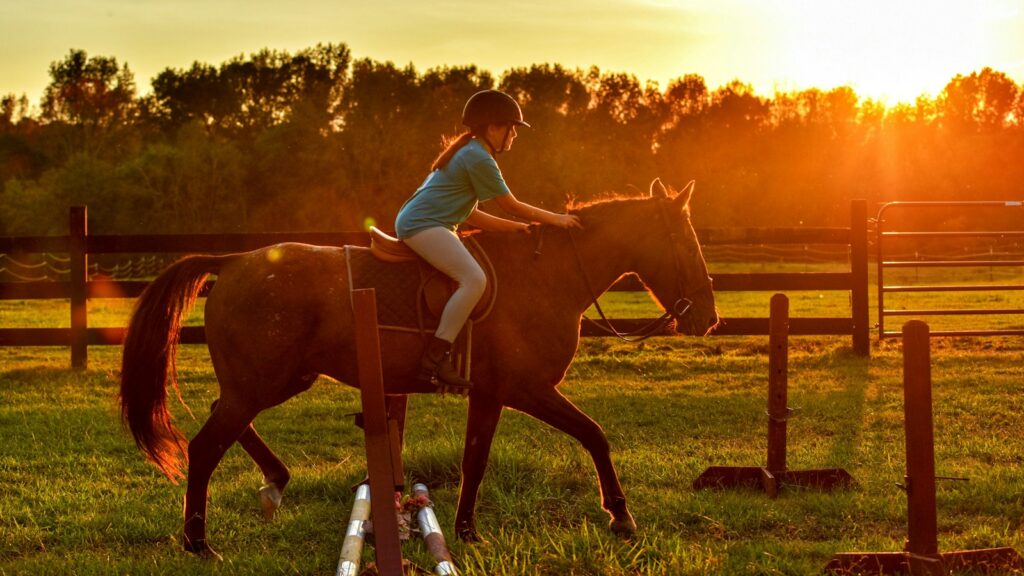 girl riding horse near ramps during sunset