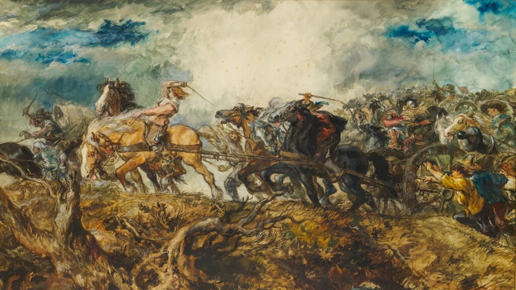 a painting of a group of men on horses