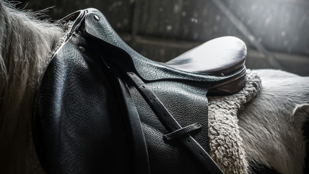 horse with black leather saddle