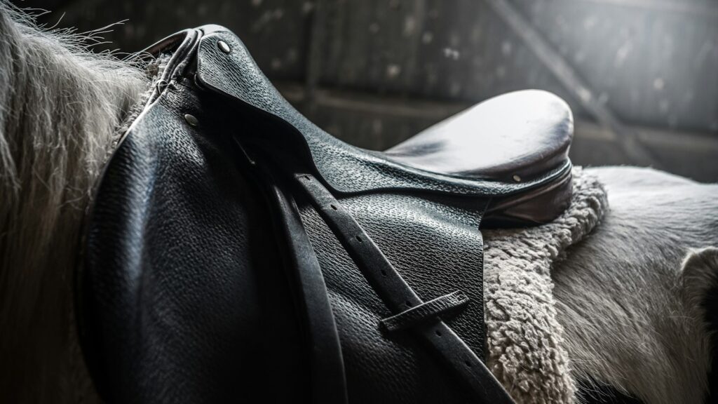 horse with black leather saddle