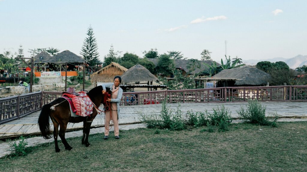 woman holding black horse beside fence