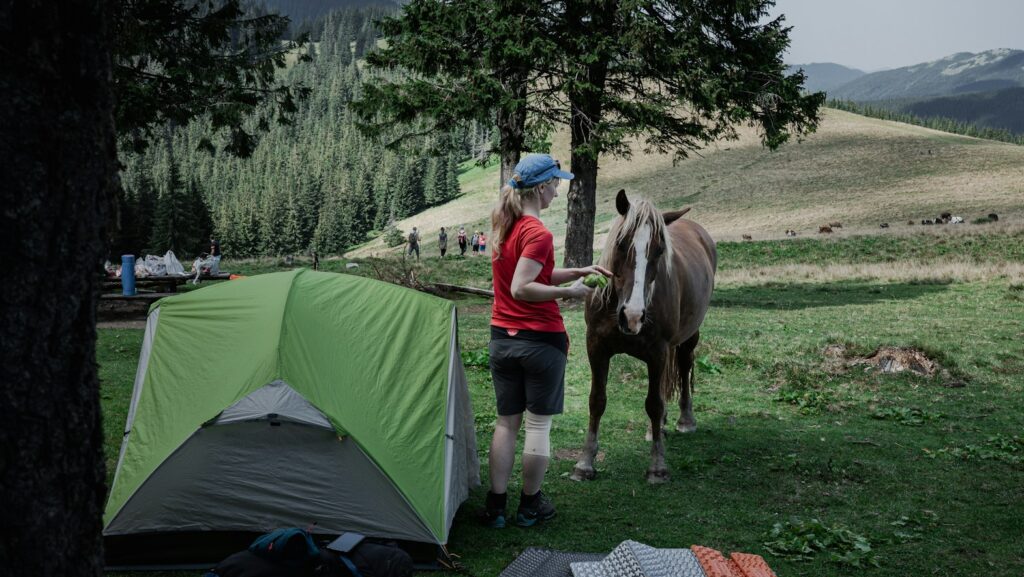 A woman standing next to a tent next to a horse