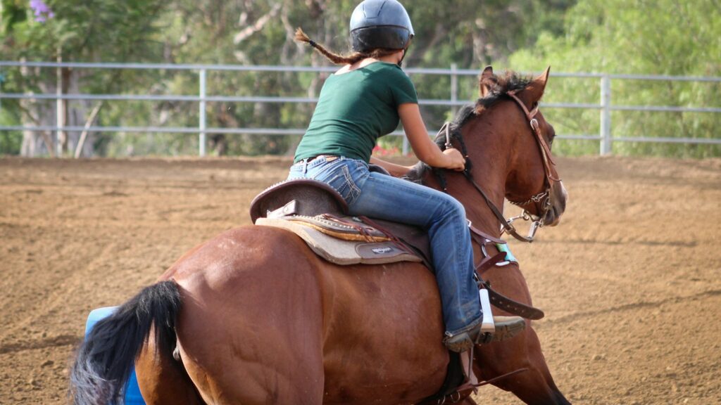 woman riding on brown horse