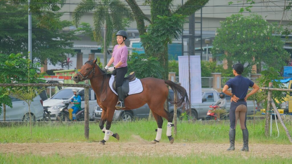 man in white shirt riding brown horse during daytime