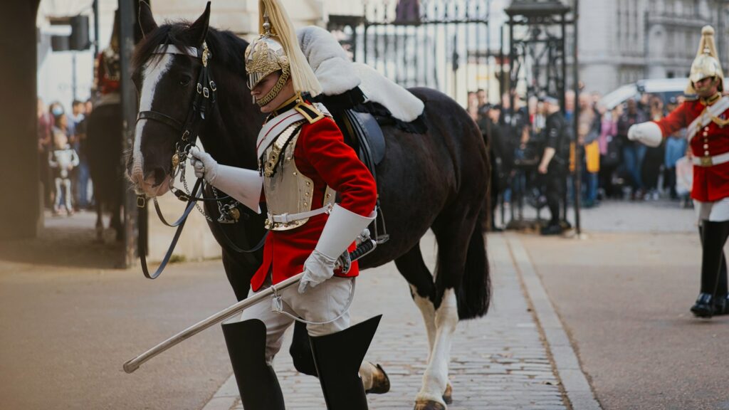 a person in a garment riding a horse in a parade