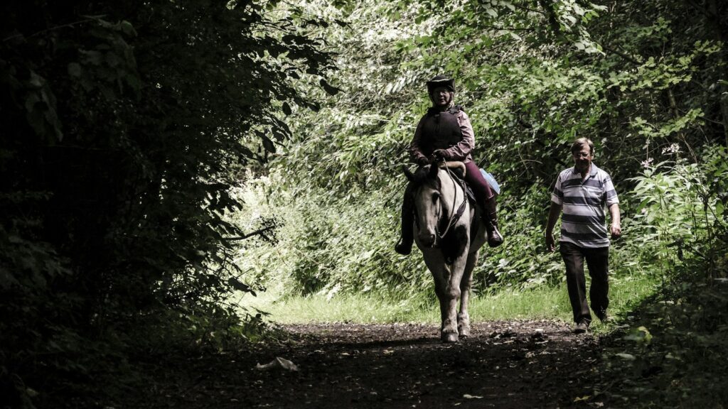 person riding on horse beside man walking on forest