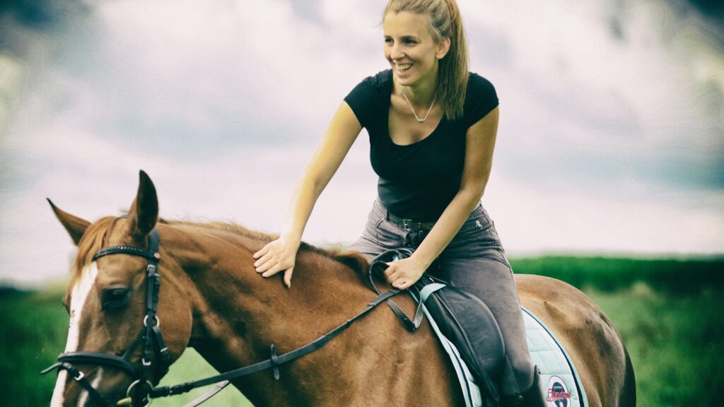 woman in blue crew neck t-shirt riding brown horse during daytime