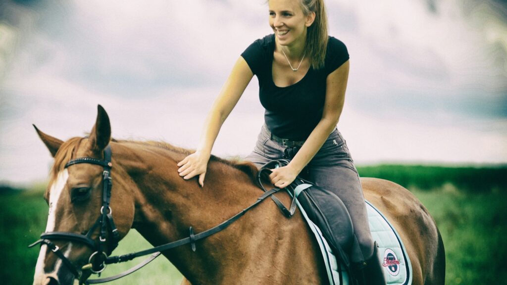 woman in blue crew neck t-shirt riding brown horse during daytime