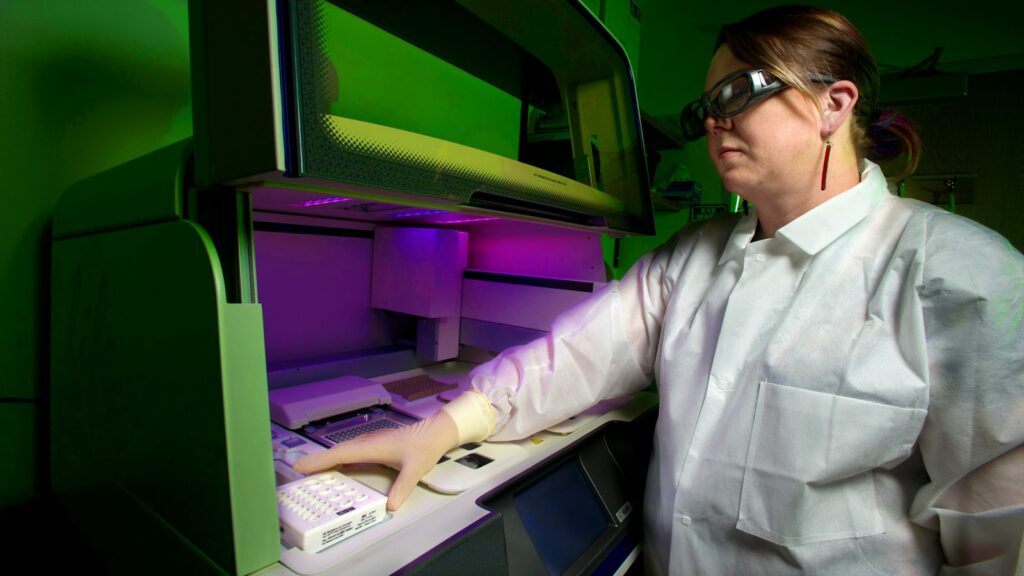a woman performing tests using technology
